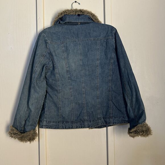 Armi Womens Jacket Medium Blue Fur Trim 100% Cotton Denim Lined Warm Hippie - Picture 6 of 9